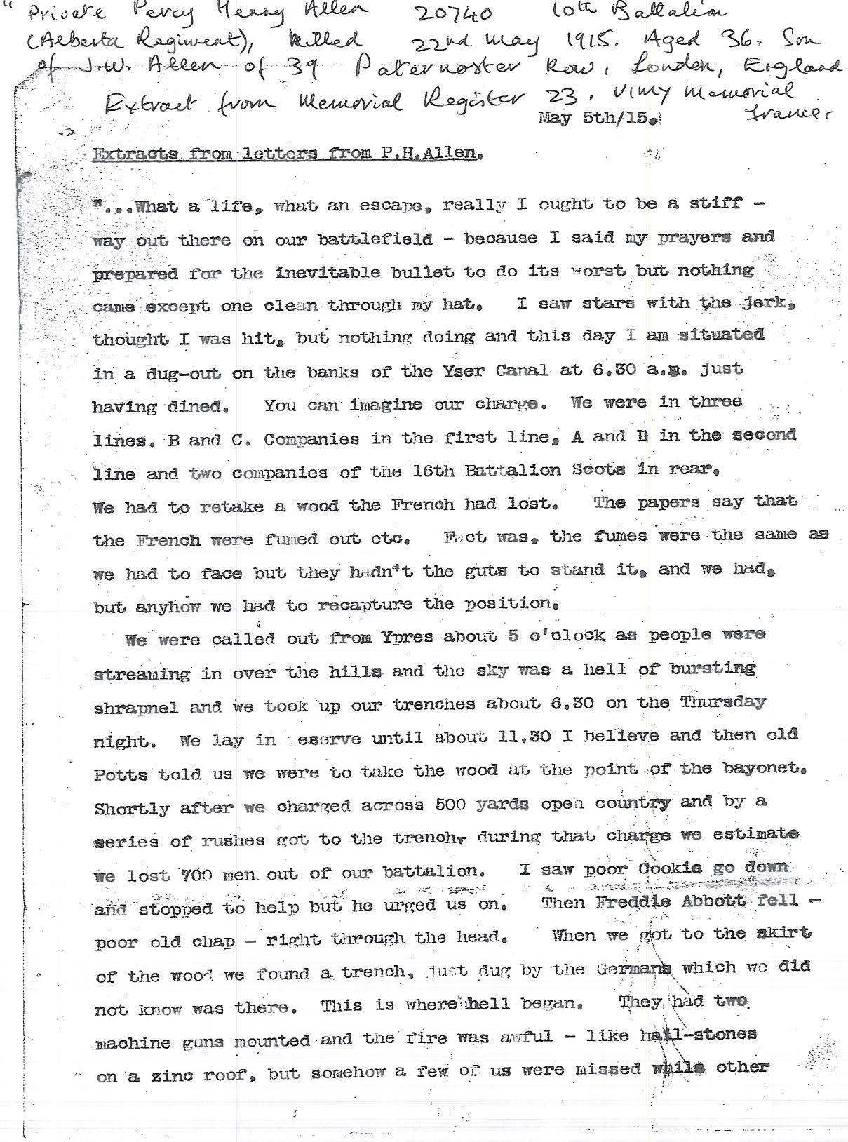 Percy Allen of Blakeney - letters from the front